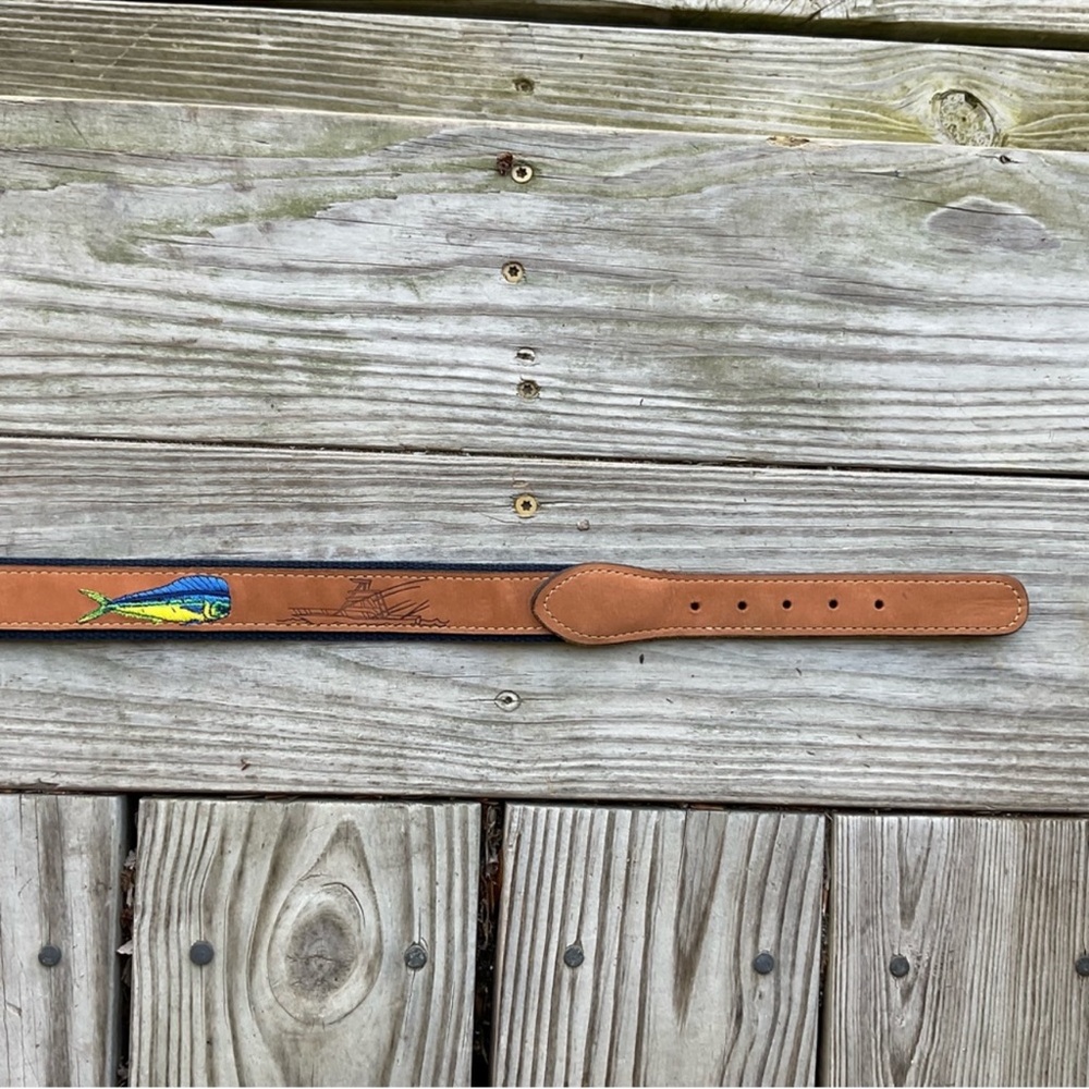 Zep Pro Leather Belt Dolphin Fish Navy Blue Tan Marine Nautical Size 38 USA